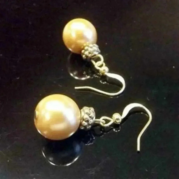 Golden Glass Pearl and Antiiqued Gold Pewter Dotted Rondelles Earrings - Picture 1 of 1